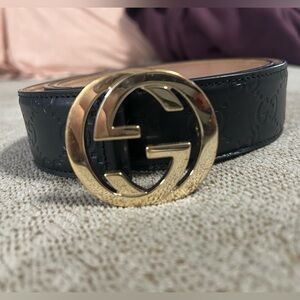 Gucci Black Leather Belt with Gold Logo Buckle